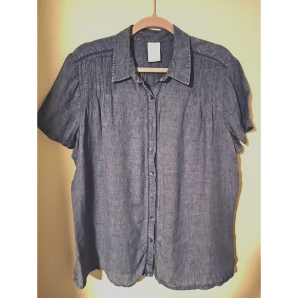 Lands' End Tops - Lands End 100% Linen Blue Button-Front Pintuck Short Sleeve Blouse Top Sz 1X